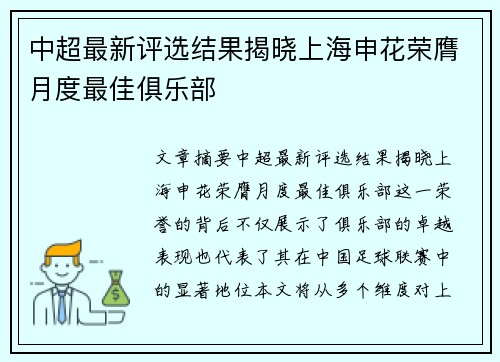 中超最新评选结果揭晓上海申花荣膺月度最佳俱乐部